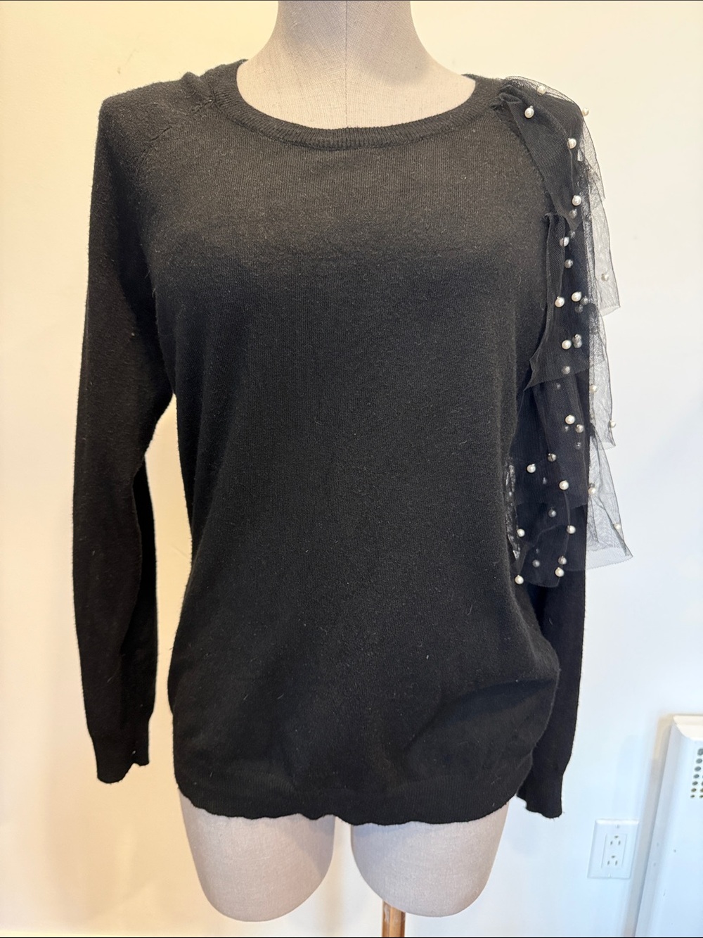 Jane & John Black Sweater Size Medium Pearl Tulle Shoulder Detail
